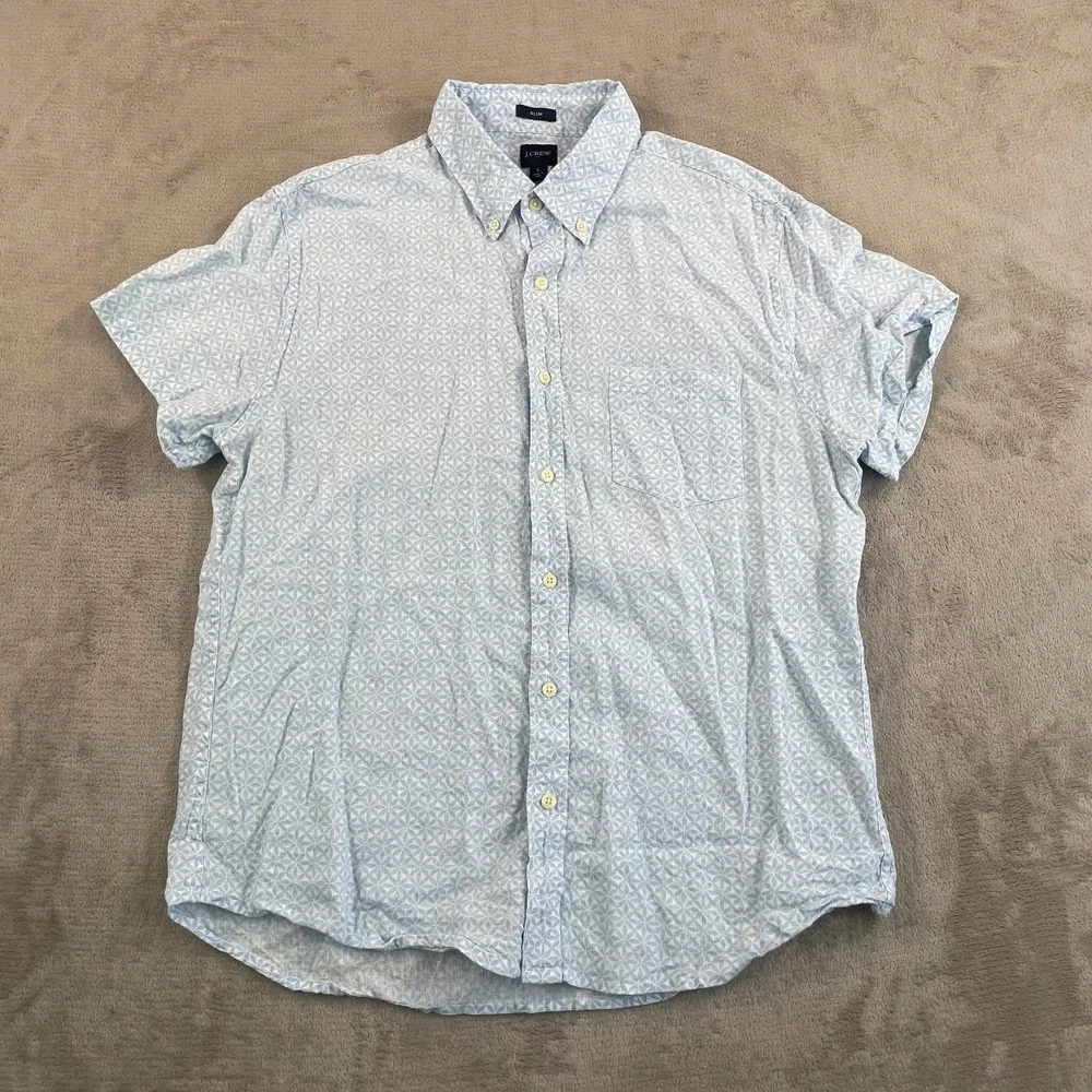 J Crew Slim Fit Shirt‎ Men Large Blue Geo Print AOP Line Blend Short Sleeve NWOT